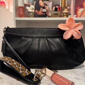 Coach Black Leather Clutch with Pink Flower Accent